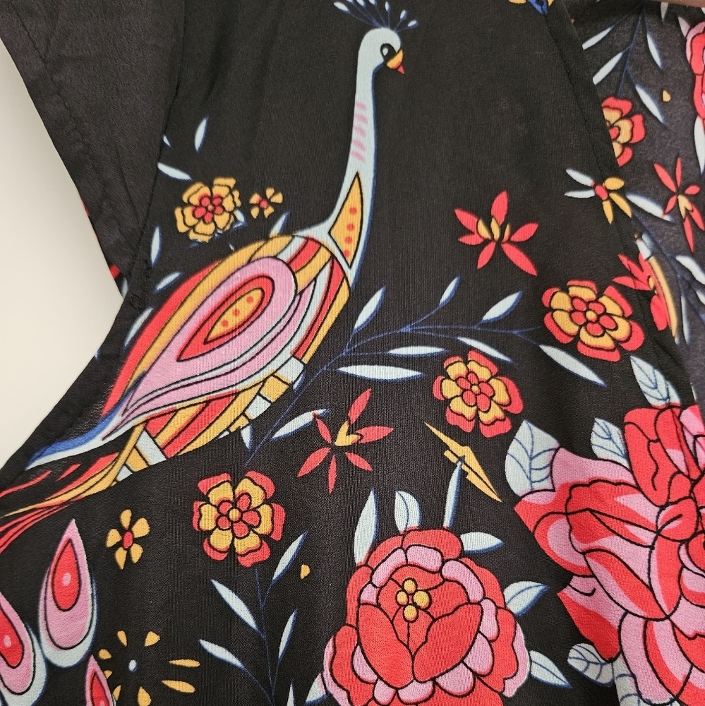 Wish V-Neck Peacock Floral Print Flare Sleeve Bohemian cotton blend Dress size S - Picture 11 of 13